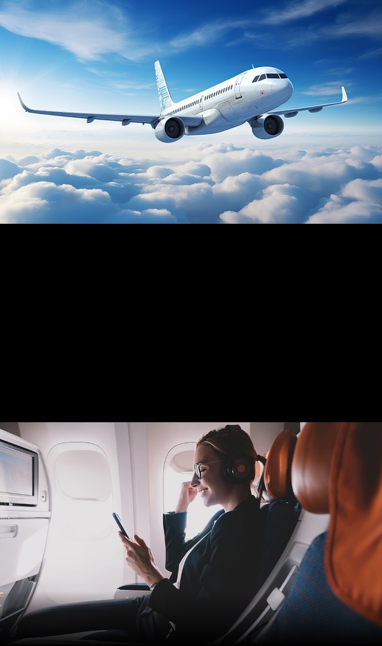 Collage of air travel scenes: travelers with luggage, airplane in flight, passenger using a smartphone
