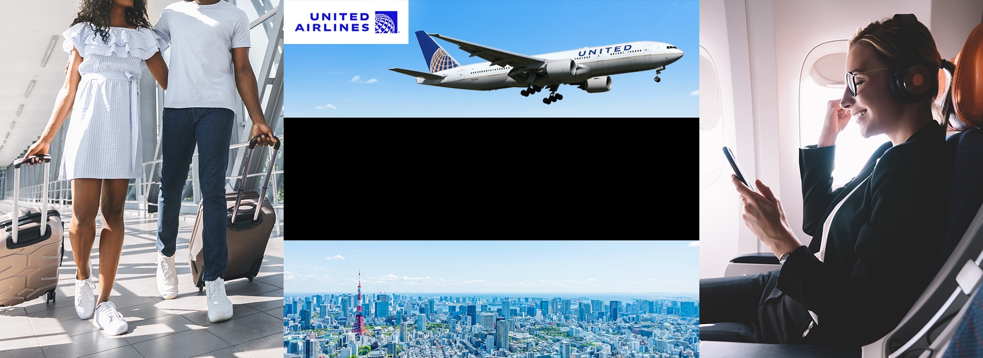 Collage of air travel scenes: travelers with luggage, airplane in flight, passenger using a smartphone, and a city view of Tokyo.