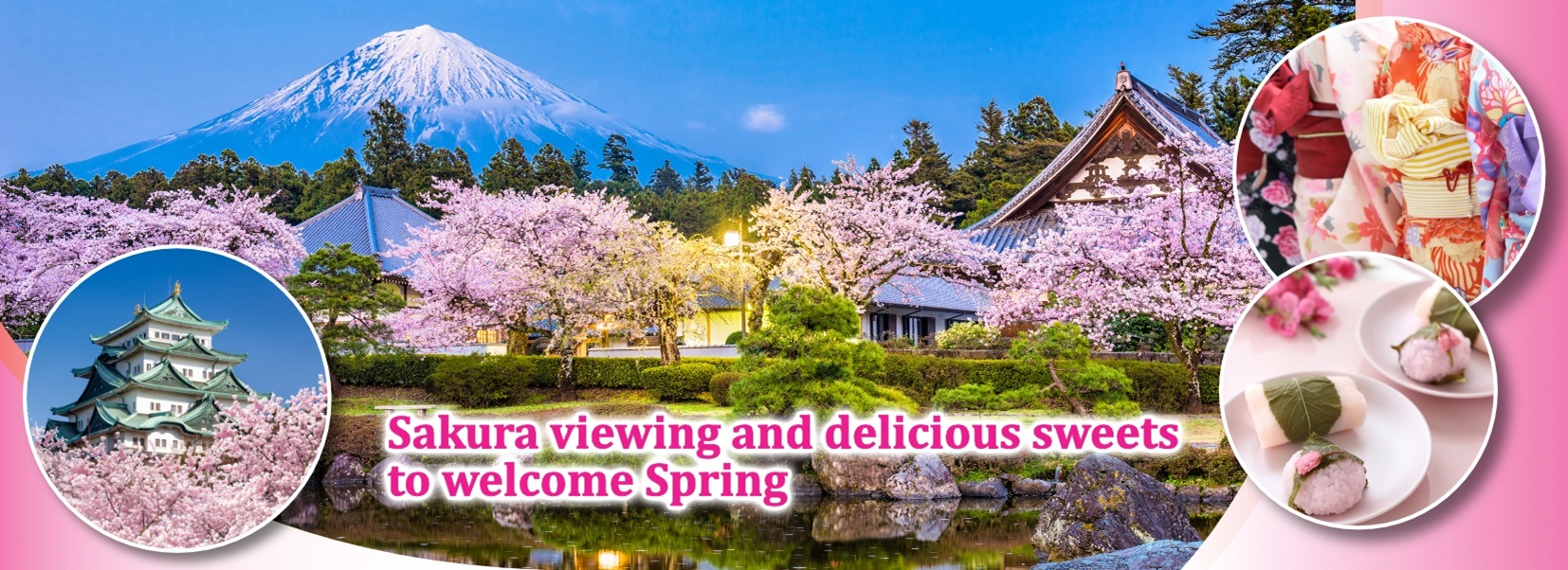Collage of Japanese culture and scenery — featuring a dragon water basin at a shrine, a person in traditional kimono with a red parasol, and the iconic bamboo forest pathway, along with scenes of local crafts and pottery.