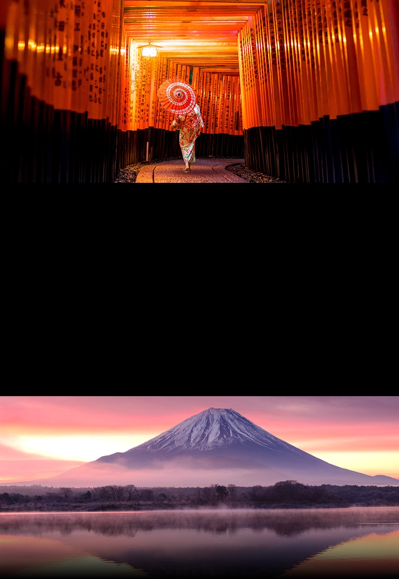 Collage of Japanese culture and scene: Kyoto’s red torii gates, Mount Fuji at sunrise,