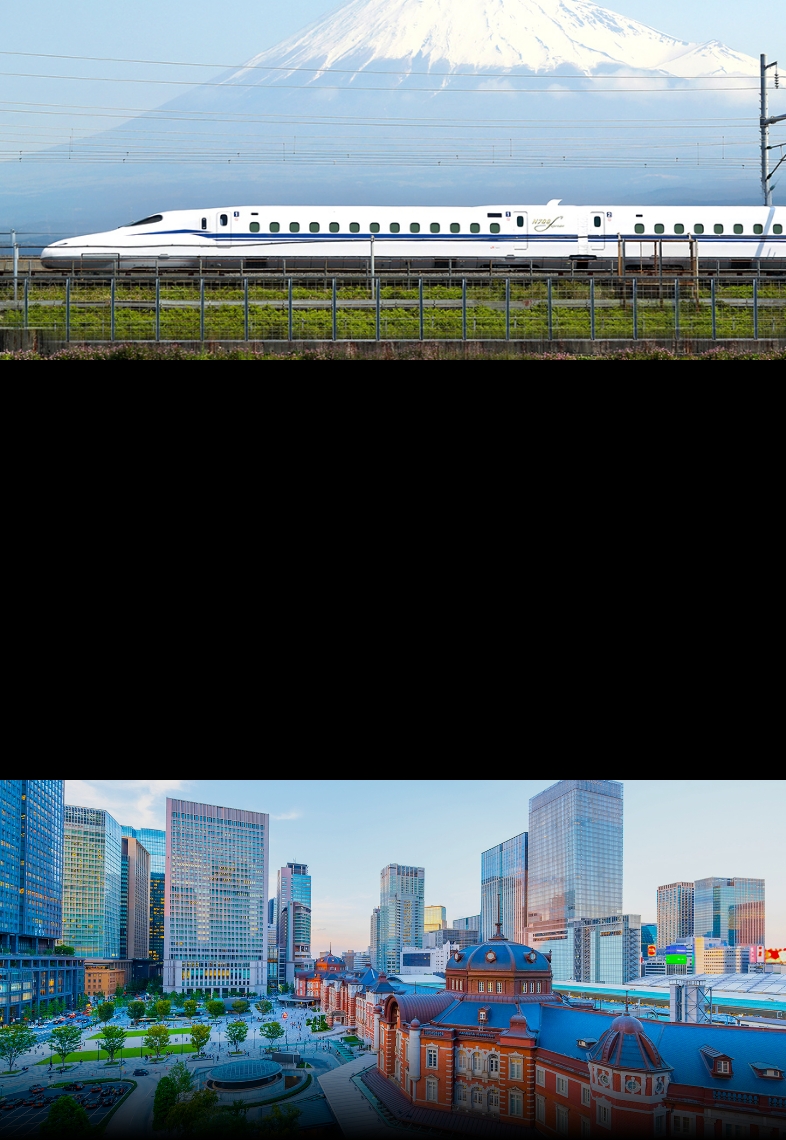 Collage of Japan’s Shinkansen bullet trains and Tokyo Station