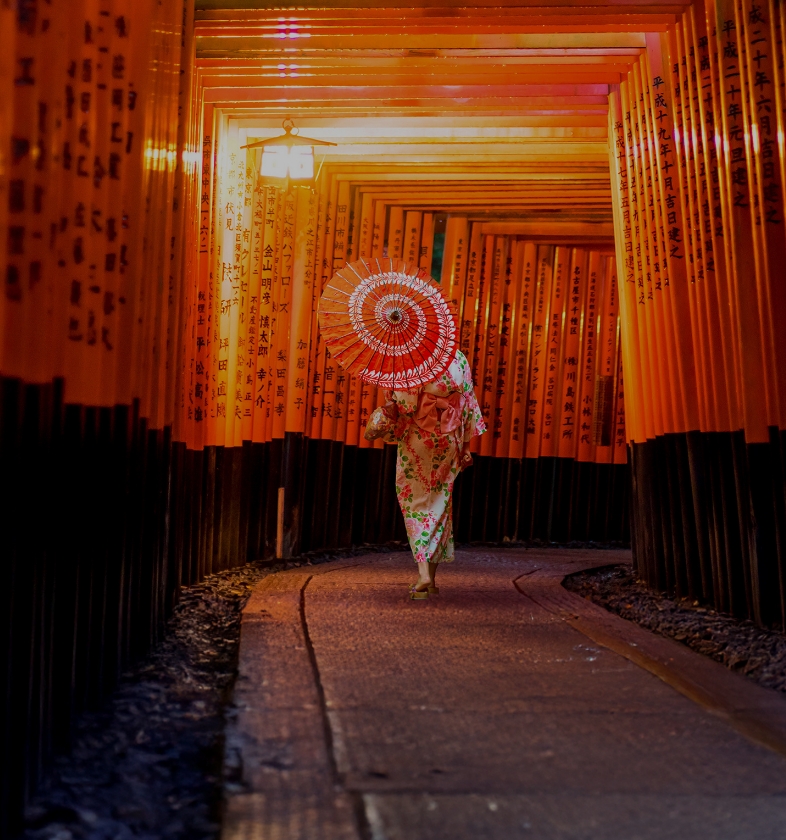 Collage of Japanese culture and scene: Kyoto’s red torii gates, Mount Fuji at sunrise,
