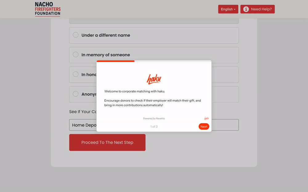This is a gif of a haku product tour, showing the process of setting up corporate matching, and the donor-side flow for checking if their company matches gifts. It is a quick-moving preview of the guided tour linked to above.