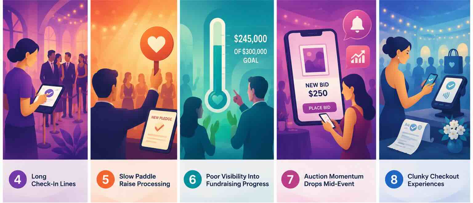 Image provides visual reference for five different friction points. Long check-in lines, slow paddle raise processing, poor visibility into the fundraising process, auction momentum dropping mid event, and clunky checkout experiences. It is primarily decorative.