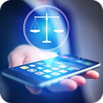 Hand holding a smartphone with a glowing digital scales of justice icon above the screen.