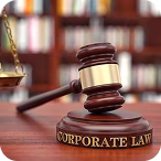Wooden judge's gavel resting on a base labeled 'Corporate Law' with balanced scales and books in the background.