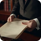 Person in a suit holding and reading a book with yellowed pages.