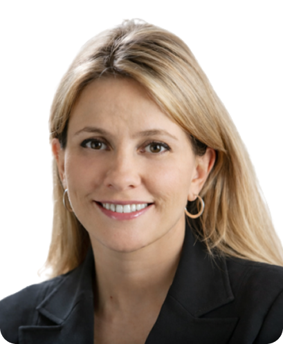 Smiling woman with straight blonde hair wearing hoop earrings and a black blazer.