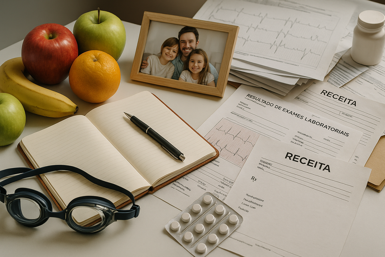 mesa com exames, receitas médicas e objetos pessoais