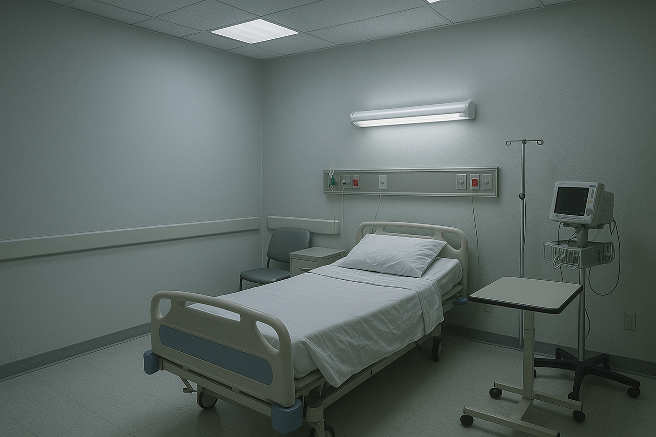 quarto de hospital frio, sem janela, sem conforto