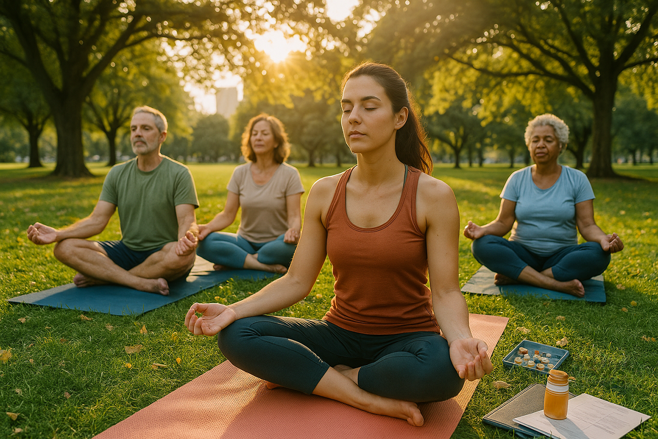 Pessoas fazendo yoga no parque, num dia de sol