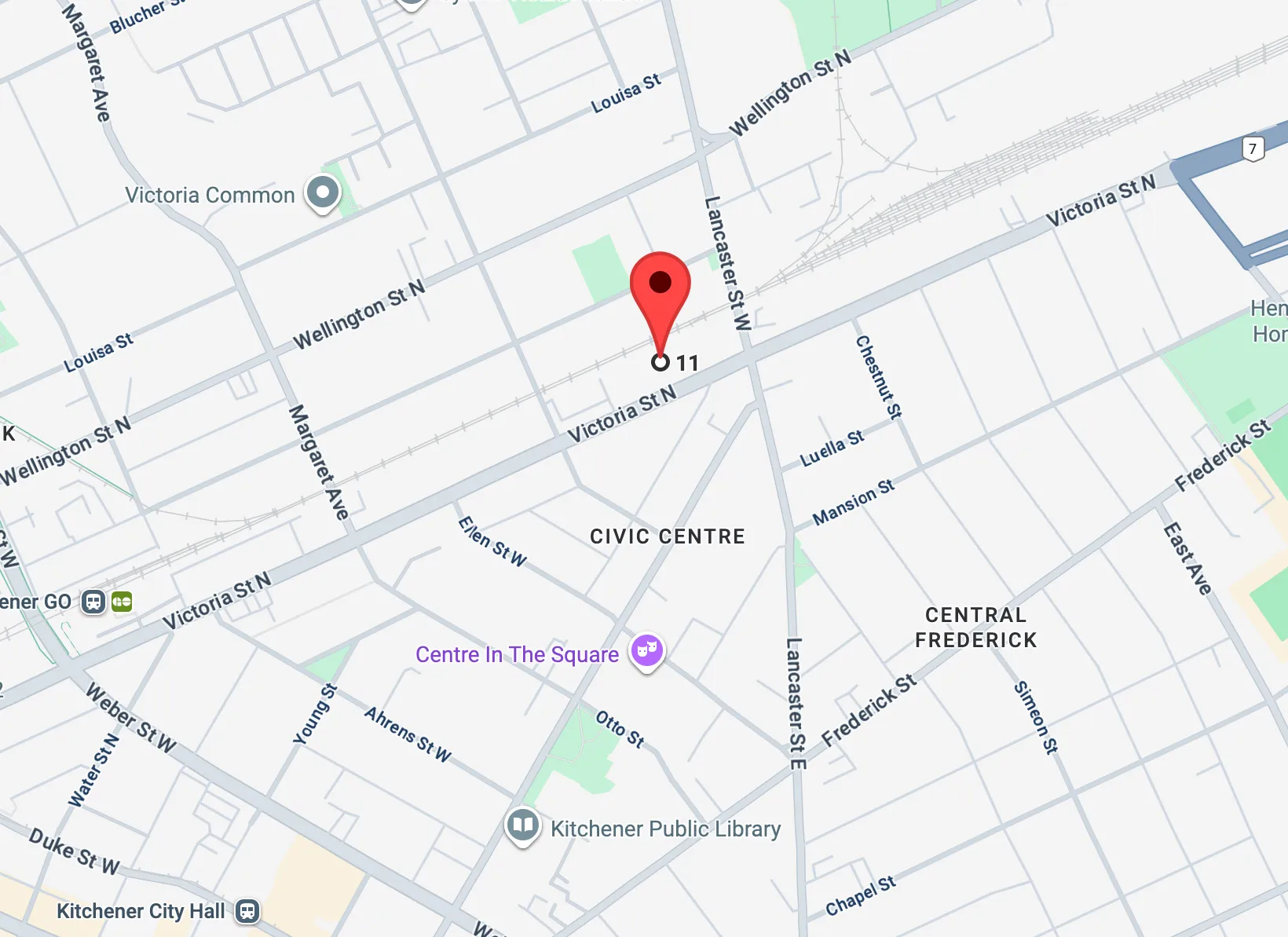 Map showing the location of The All G, a nail salon in Kitchener, Ontario.