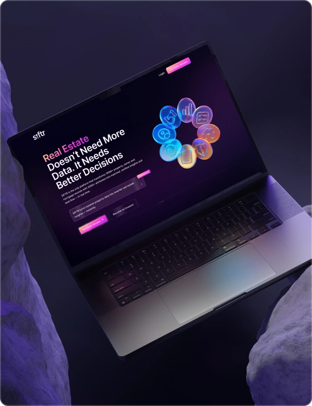 Flowfye real estate data website design featuring colorful analytics icons and a purple layout on a laptop.