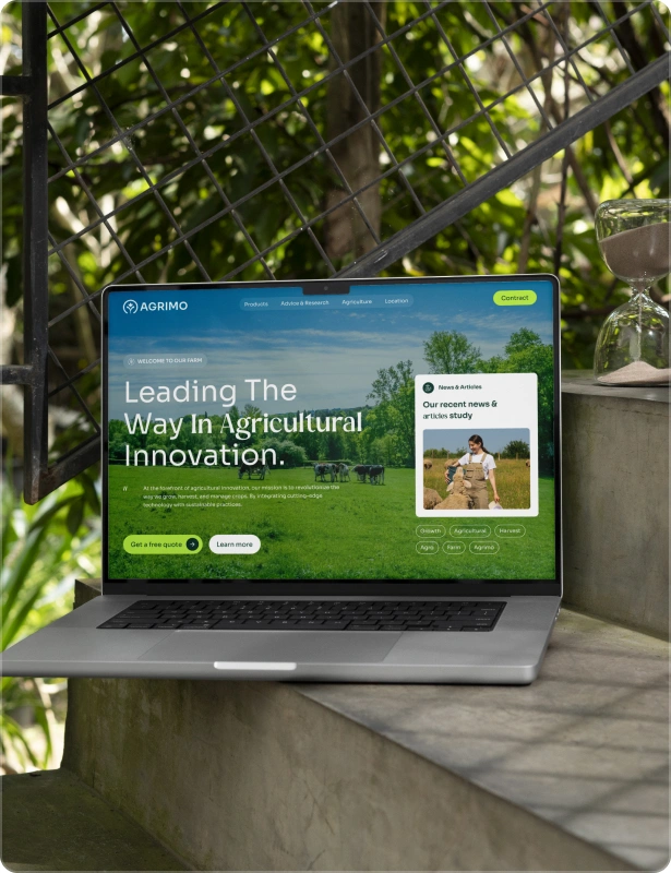 Agritech website displayed on a laptop, featuring the headline “Leading the Way in Agricultural Innovation.”