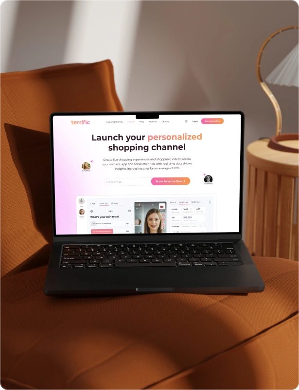 SaaS website displayed on a laptop on an orange chair, featuring the headline “Launch your personalized shopping channel.