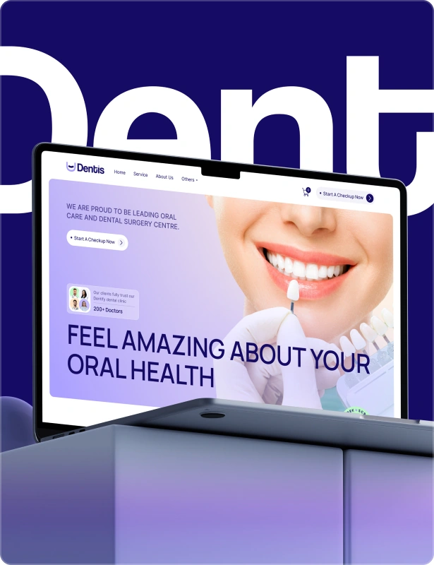 Flowfye dental website UX/UI design displayed on a laptop, featuring a smiling patient and the headline “Feel amazing about your oral health.”