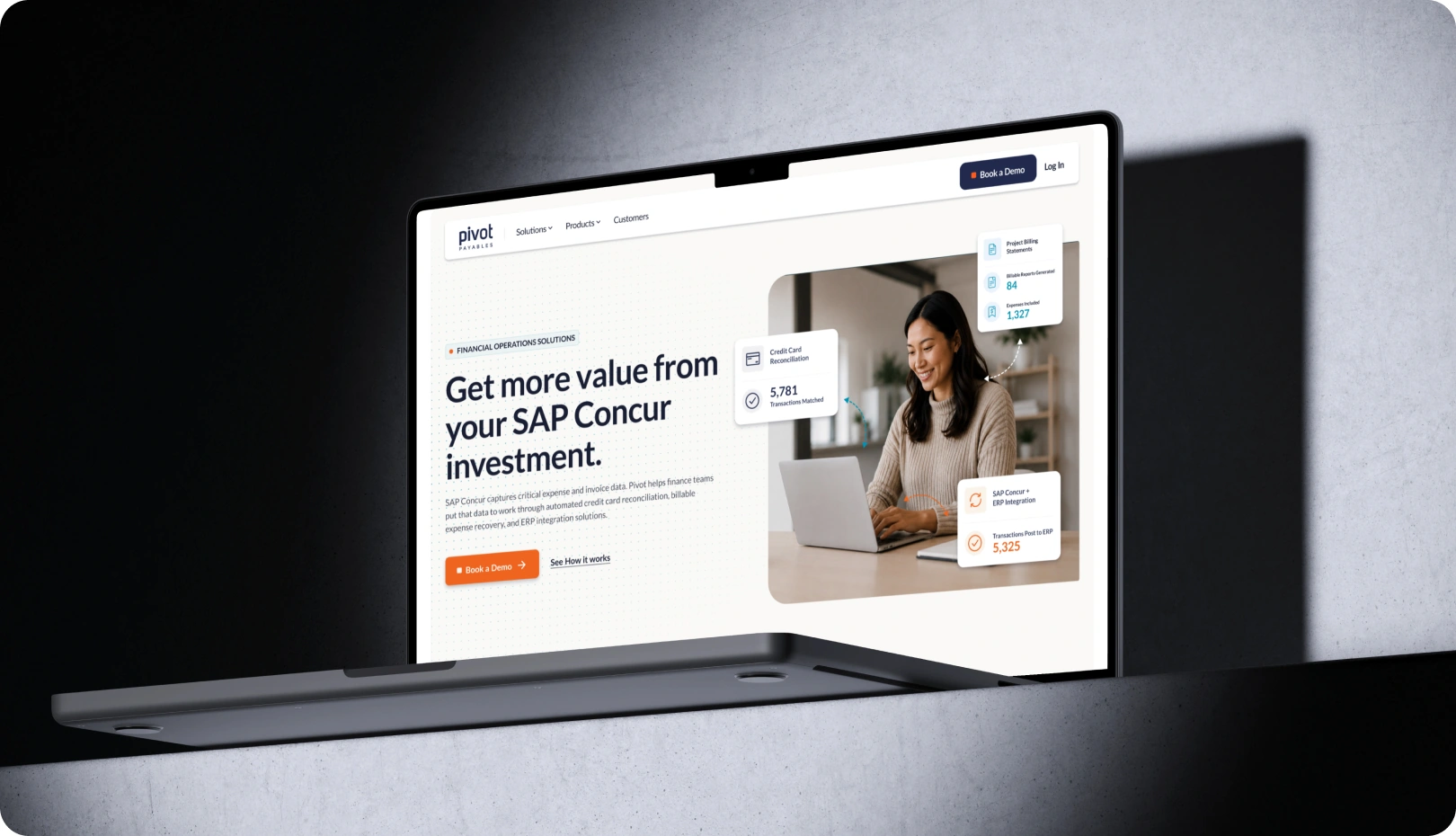 Flowfye fintech website design for Pivot Payables displayed on a laptop, featuring SAP Concur integration messaging.