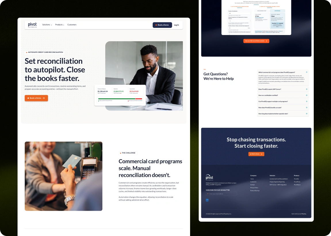 Pivot Payables website page designs by Flowfye, showing reconciliation services, FAQs and contact sections.