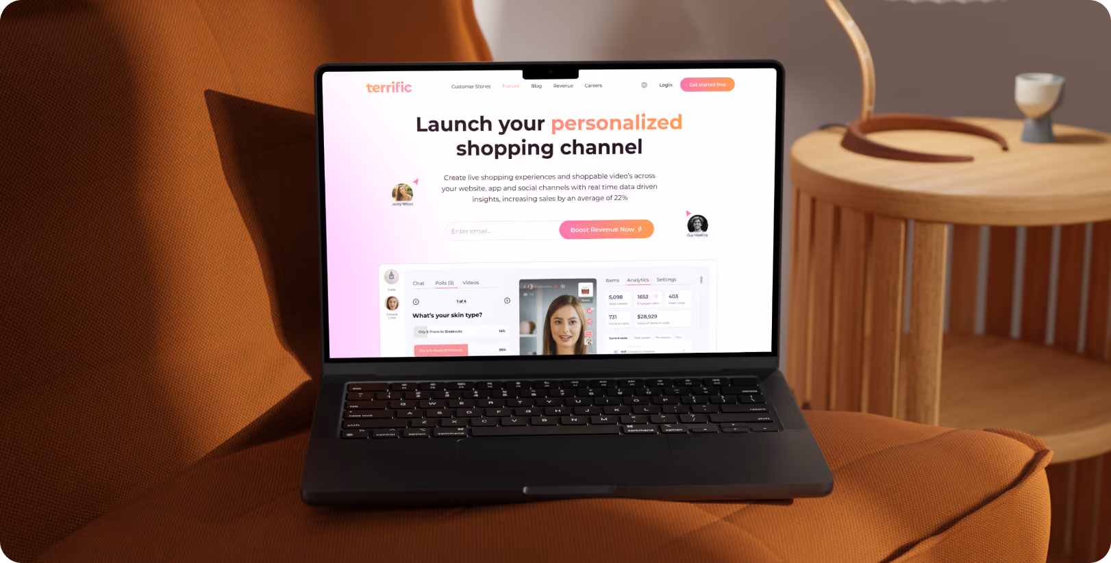 Terrific website designed by Flowfye, displayed on a laptop with a personalized shopping channel homepage.