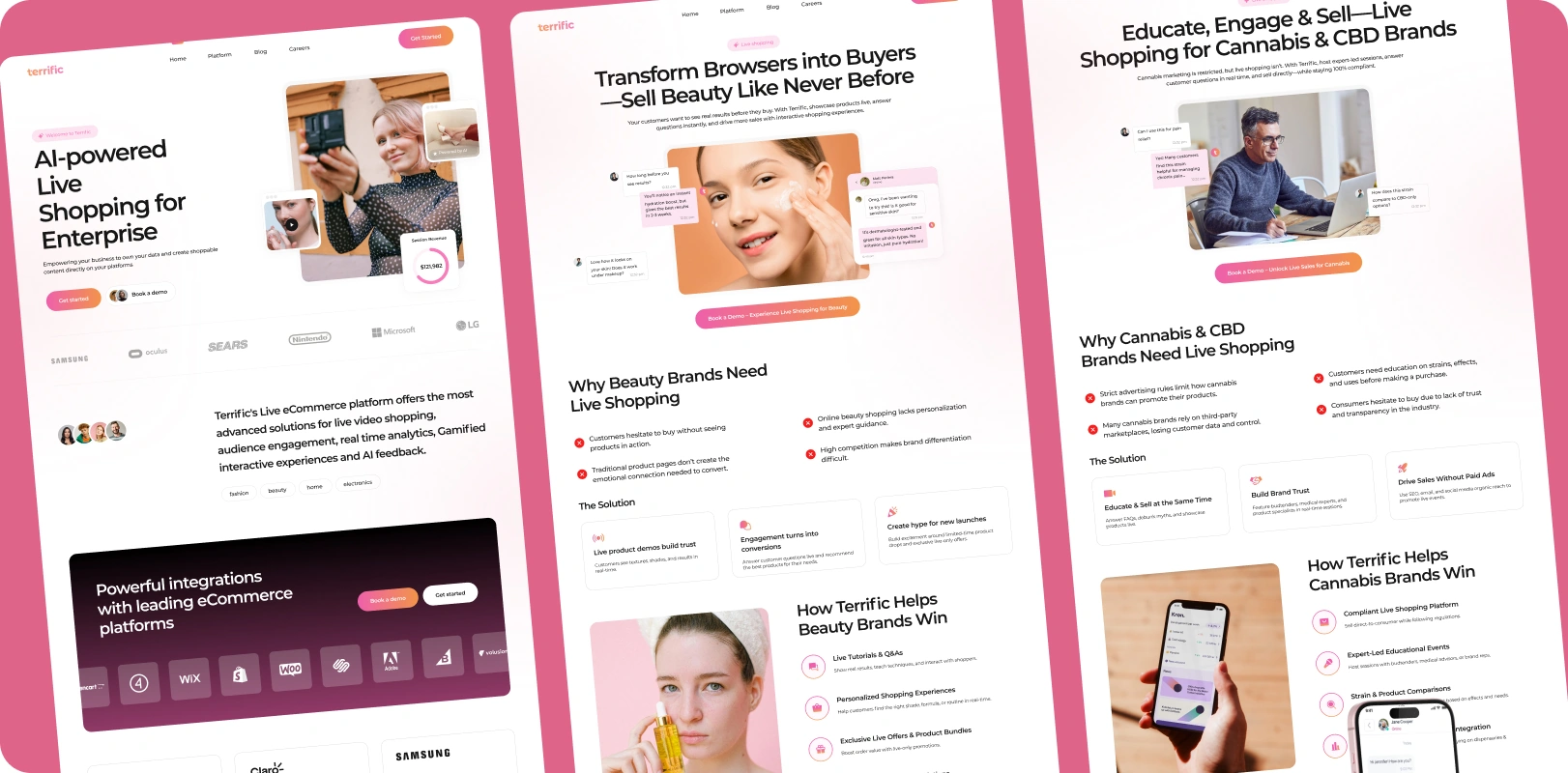 Terrific website page designs by Flowfye, showcasing live shopping solutions for enterprise, beauty and cannabis brands.