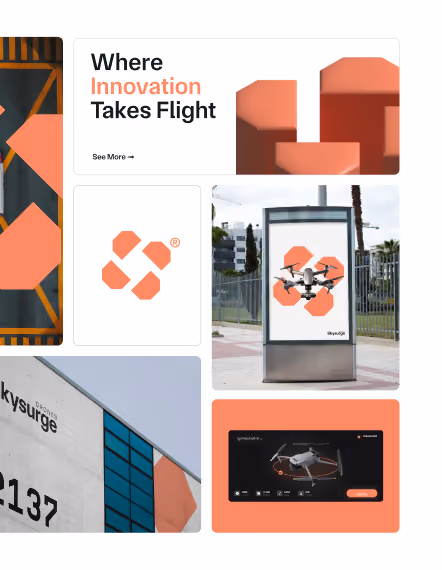 Website and brand design featuring orange geometric graphics and mobile layouts.
