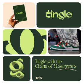 Tingle brand identity featuring green typography, packaging and lifestyle imagery.