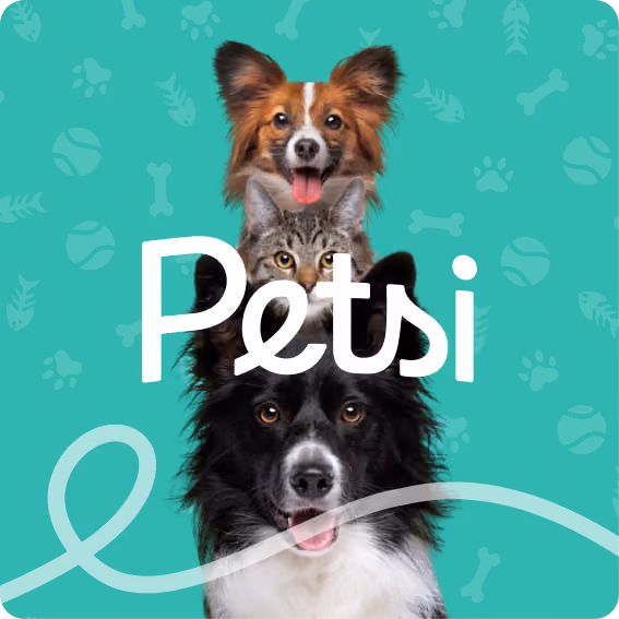 Petsi pet branding featuring two dogs against a turquoise background.