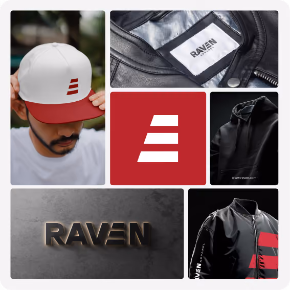 Raven apparel branding featuring a red logo, cap and clothing labels.
