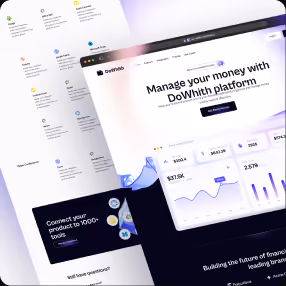 SaaS website UI design featuring a workflow dashboard and purple analytics charts.