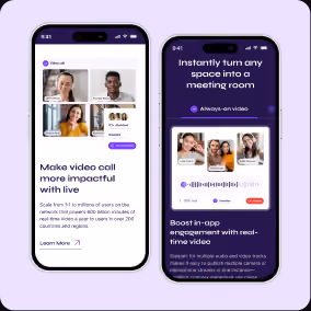 Video calling website design displayed on two phones with purple and white layouts.