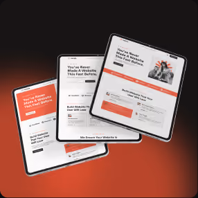 Website design displayed on overlapping tablets against a red background.