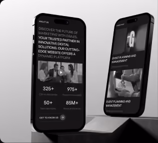 Black and white mobile website designs featuring bold typography and business statistics.