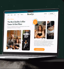 Coffee website design displayed on a laptop with café photography.