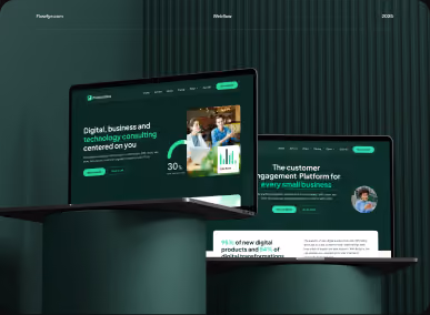 Responsive website design shown on desktop and laptop screens with dark green layouts.