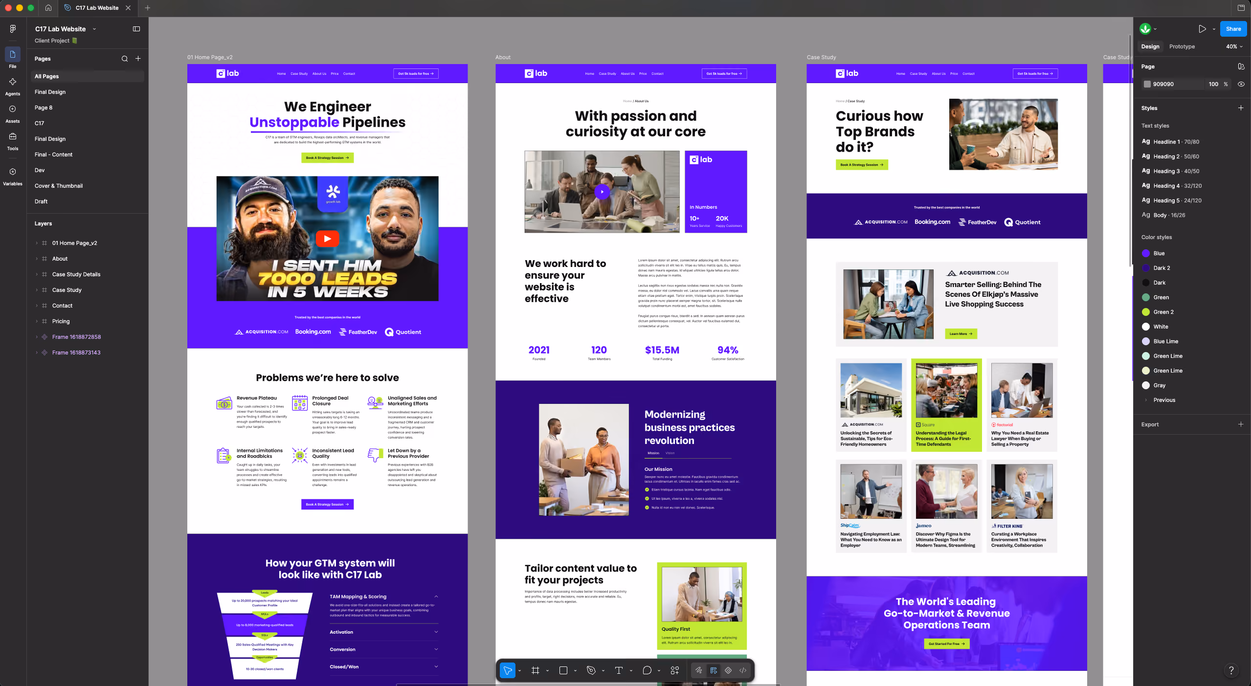 Flowfye website redesign preview in Figma, showing purple and white homepage and About page layouts.
