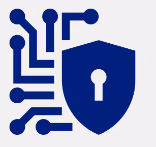 Blue digital circuit pattern next to a shield with a keyhole symbolizing cyber security.