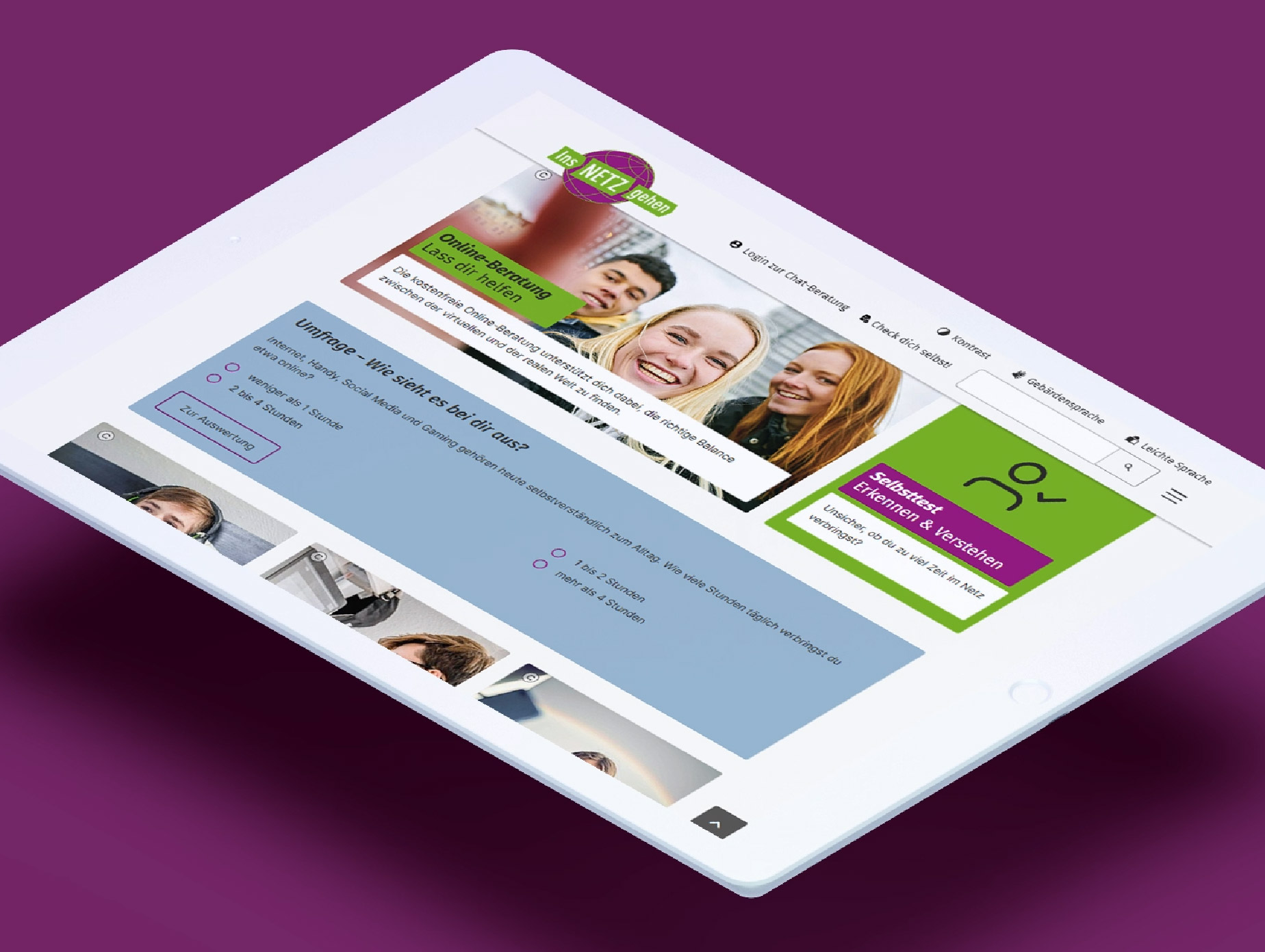 Startseite der Website ins-netz-gehen.de auf einem Tablet