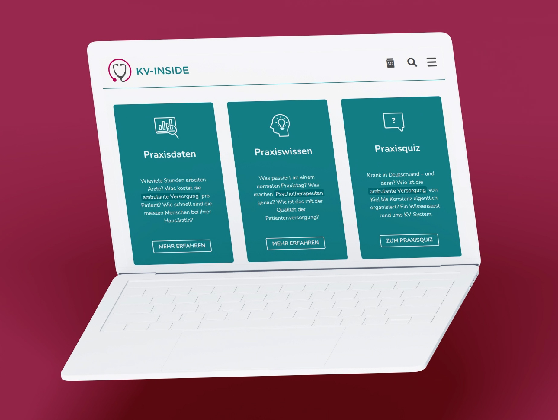 Startseite der Website kv-inside.de auf einem Laptop-Monitor