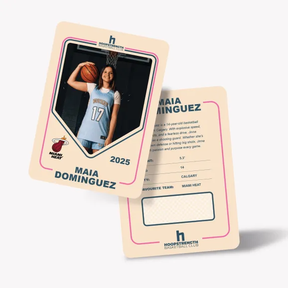 Custom basketball trading card design created by Media&Motion for a Calgary HoopStrength athlete, featuring portrait photography and player details.