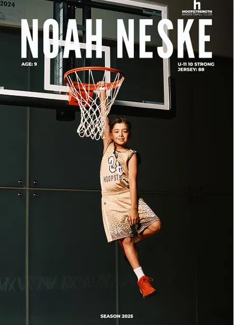 Custom basketball poster designed by Media&Motion for a Calgary HoopStrength U11 player, featuring an action hanging-from-the-rim portrait for the 2025 season.