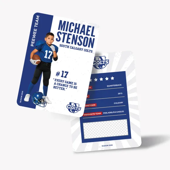 Custom Calgary youth football trading card design for the South Calgary Colts Peewee team, created by Media&Motion during a Media Day session.