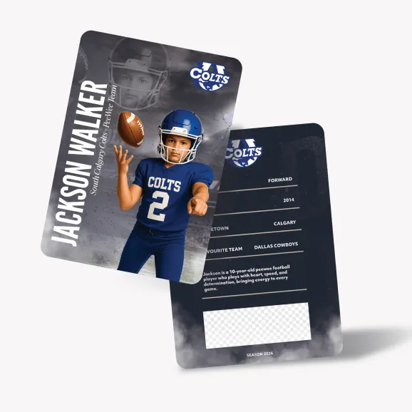 Custom Calgary youth football trading card for South Calgary Colts Peewee team, designed by Media&Motion.