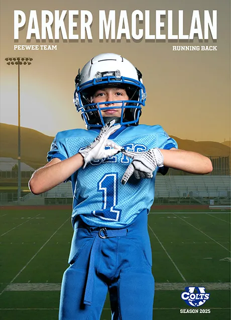 Custom football poster designed by Media&Motion for a Calgary Colts peewee player, featuring portrait photography and team branding for the 2025 season.