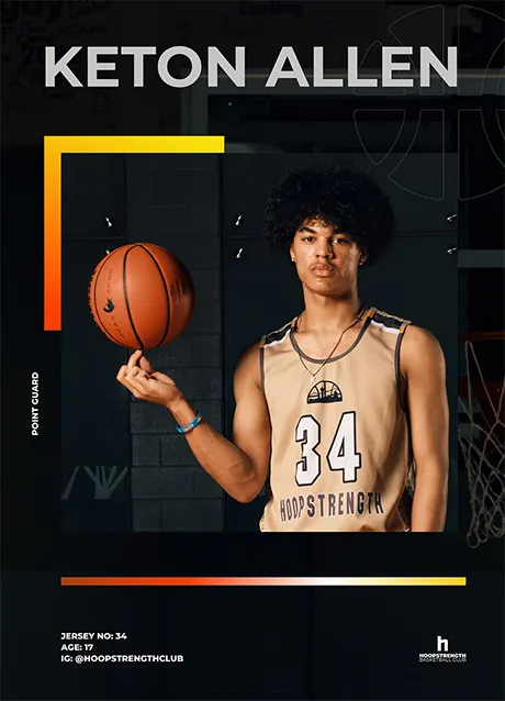 Modern basketball poster designed by Media&Motion for a Calgary HoopStrength senior player, featuring a studio portrait with a spinning ball and bold graphic layout.