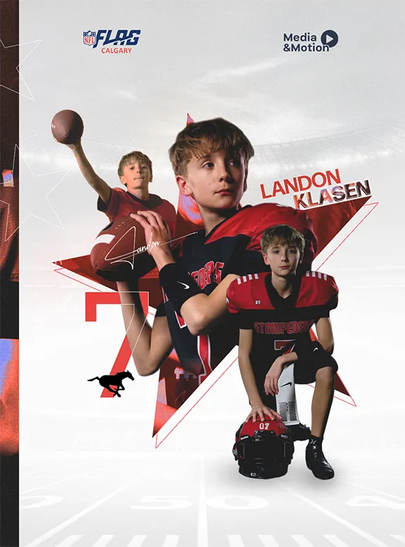 Collage of young football player Landon Klasen in Calgary Stampeders uniform holding a football, with a large red star backdrop.