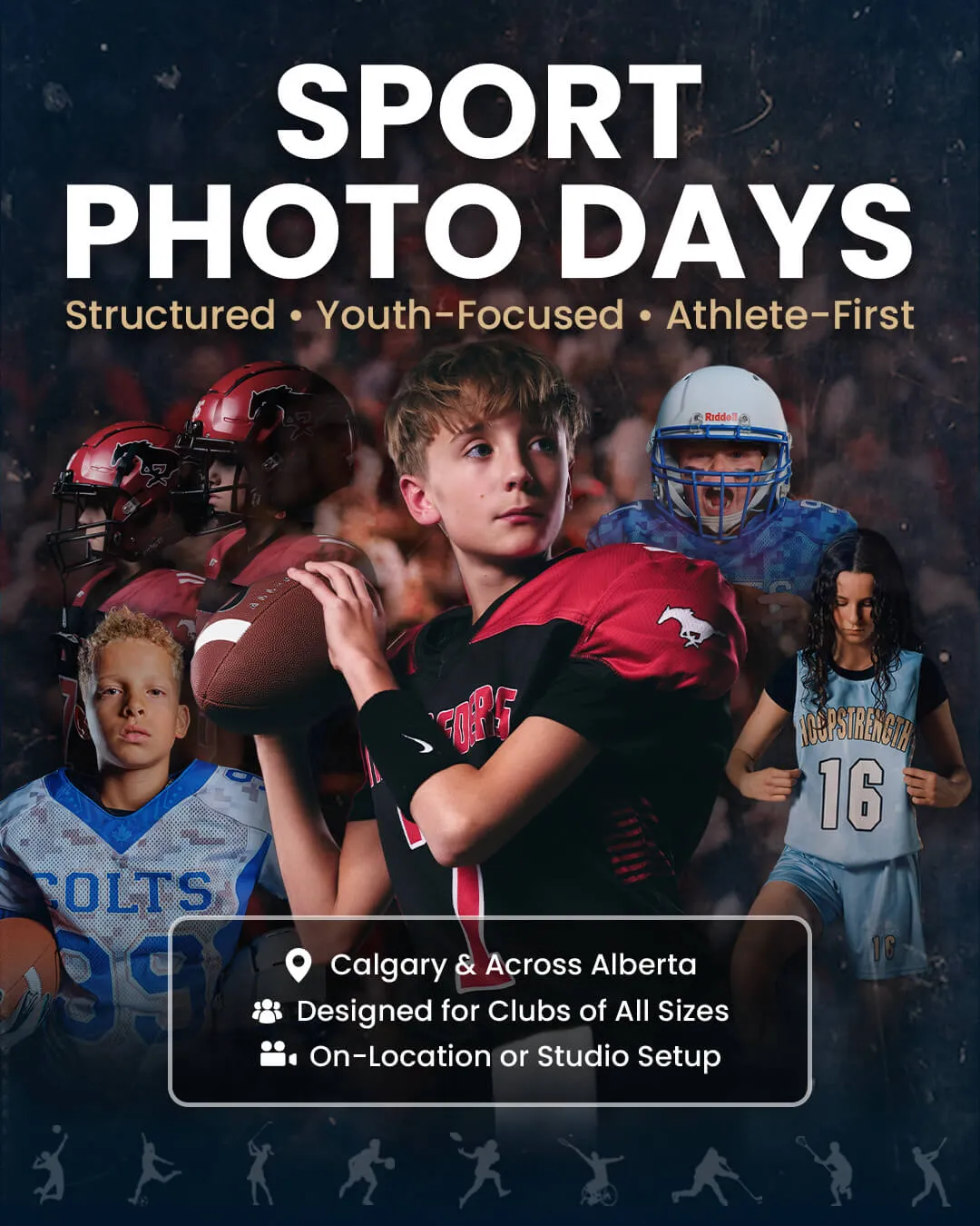 Collage of youth athletes in football and basketball gear with text promoting organized, youth-focused sport photo days in Calgary and Alberta.
