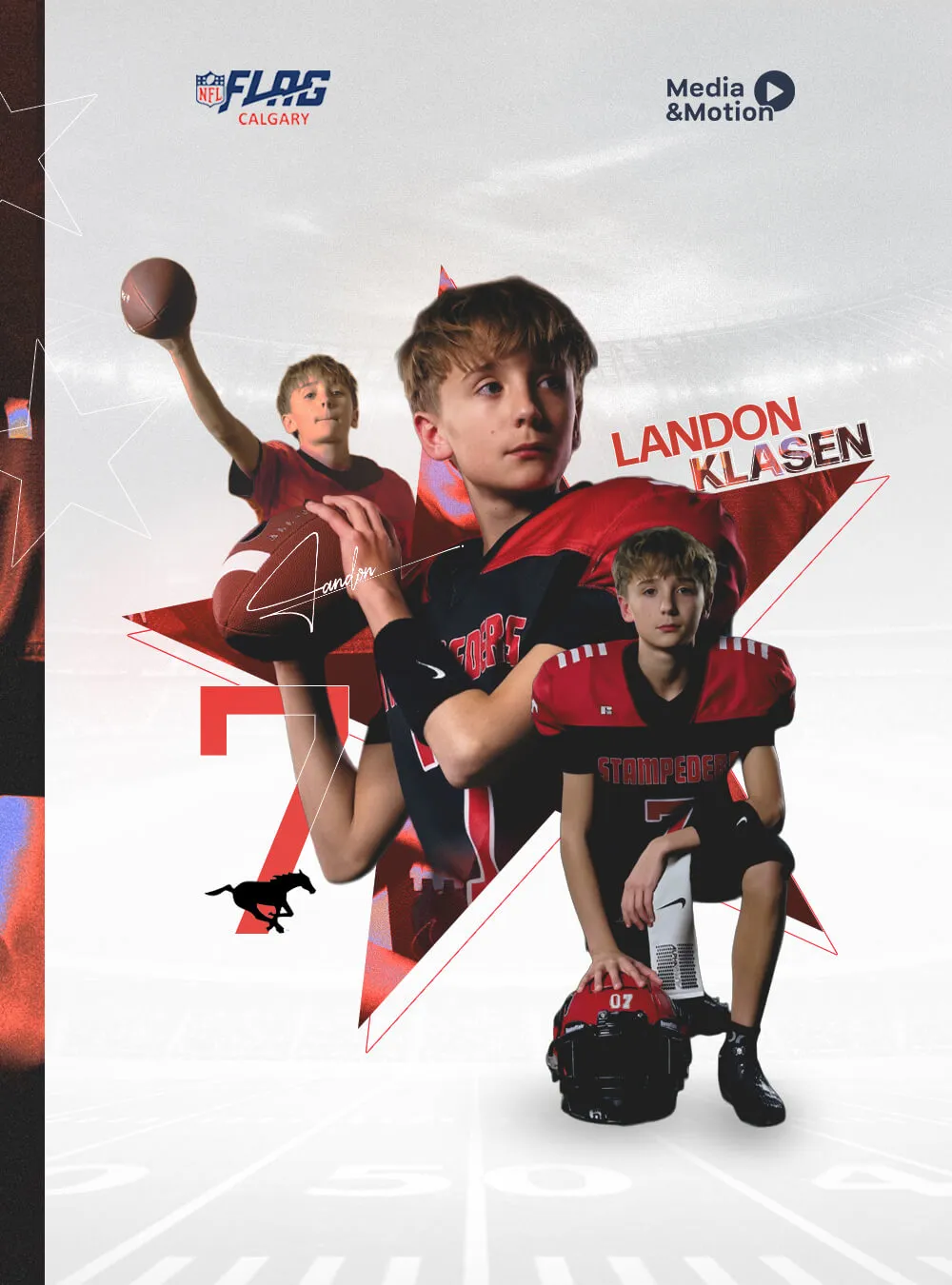 Collage of boy Landon Klasen in football uniform holding a football, throwing a pass, and kneeling with helmet, NFL Flag Calgary and Media & Motion logos above.