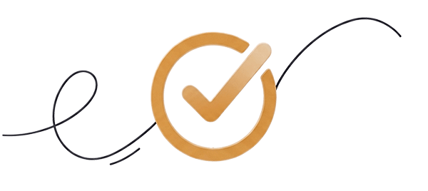 Gold checkmark inside an incomplete gold circle with a black swirling line behind it.