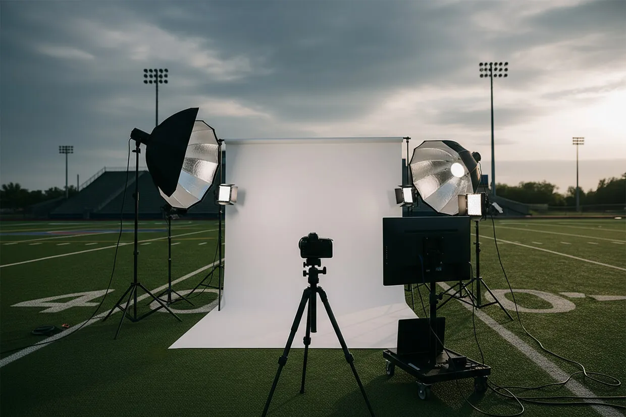 Media Day photoshoot setup in a Calgary gym with professional lighting, backdrop, and camera equipment by Media&Motion sports photography team.
