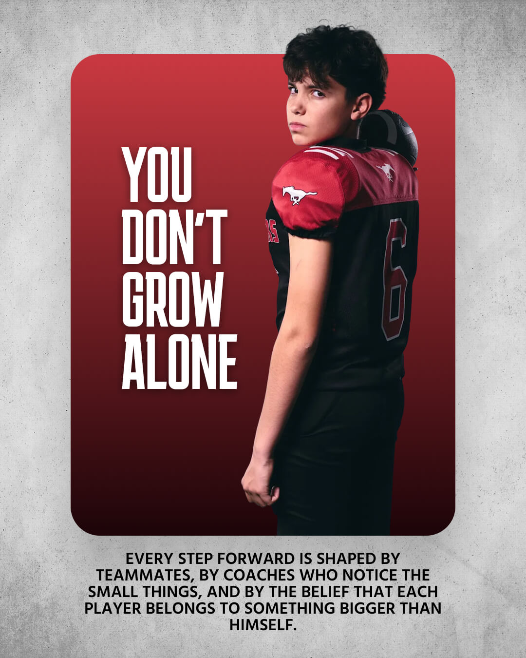 Youth football studio portrait with “You Don’t Grow Alone” message from The Making Years creative project in Calgary.